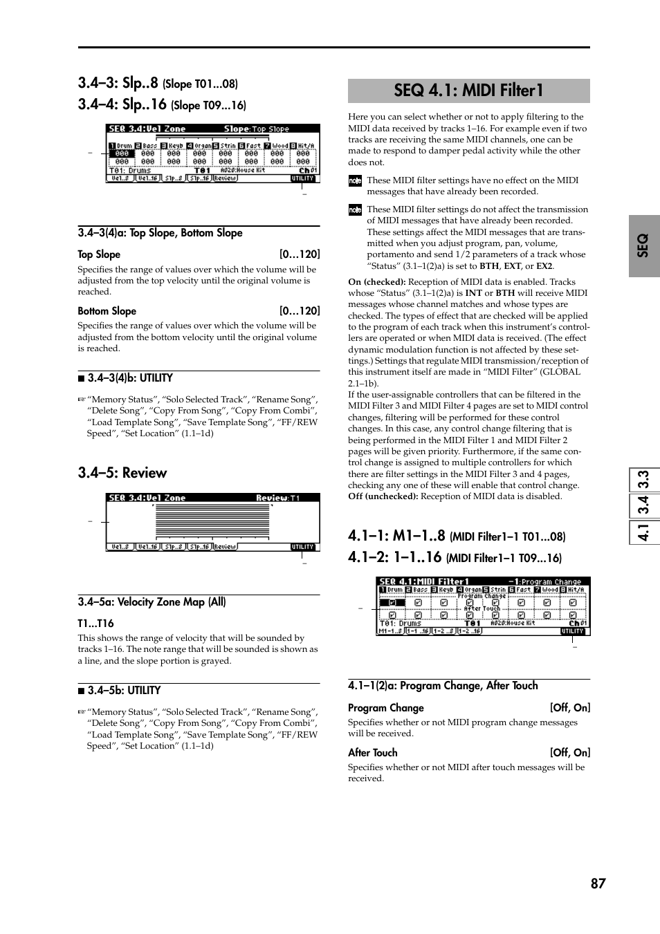 4–3: slp (slope t01 ), 4–4: slp (slope t09 ), 4–3(4)a: top slope, bottom slope | N 3.4–3(4)b: utility, 4–5: review, 4–5a: velocity zone map (all), N 3.4–5b: utility, Seq 4.1: midi filter1, 1–1: m1–1 (midi filter1–1 t01 ), 1–2: 1–1 (midi filter1–1 t09 ) | KORG TRITON STUDIO music workstation User Manual | Page 97 / 305