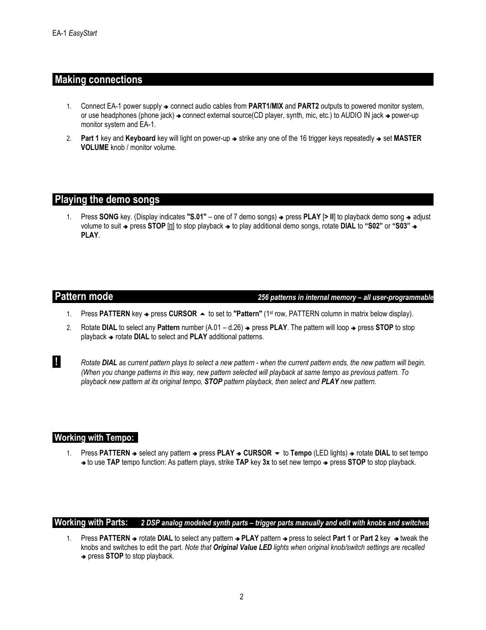 Making connections, Playing the demo songs, Pattern mode | Working with tempo, Working with parts | KORG Elec Tribe EA-1 User Manual | Page 2 / 5