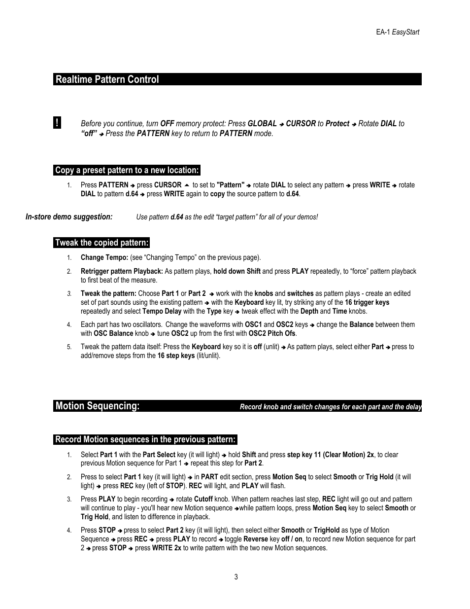 Realtime pattern control, Motion sequencing, Copy a preset pattern to a new location | Tweak the copied pattern, Record motion sequences in the previous pattern | KORG Elec Tribe EA-1 User Manual | Page 3 / 5