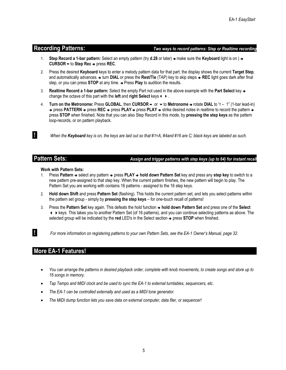 Recording patterns, Pattern sets, More ea-1 features | KORG Elec Tribe EA-1 User Manual | Page 5 / 5