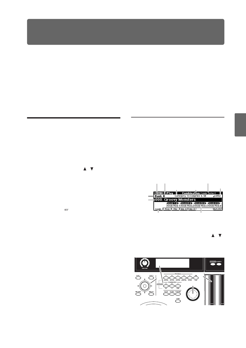 Playing and editing combinations, Playing combinations, Selecting combinations | Selecting combinations from the front panel, What’s a combination | KORG microX User Manual | Page 63 / 134