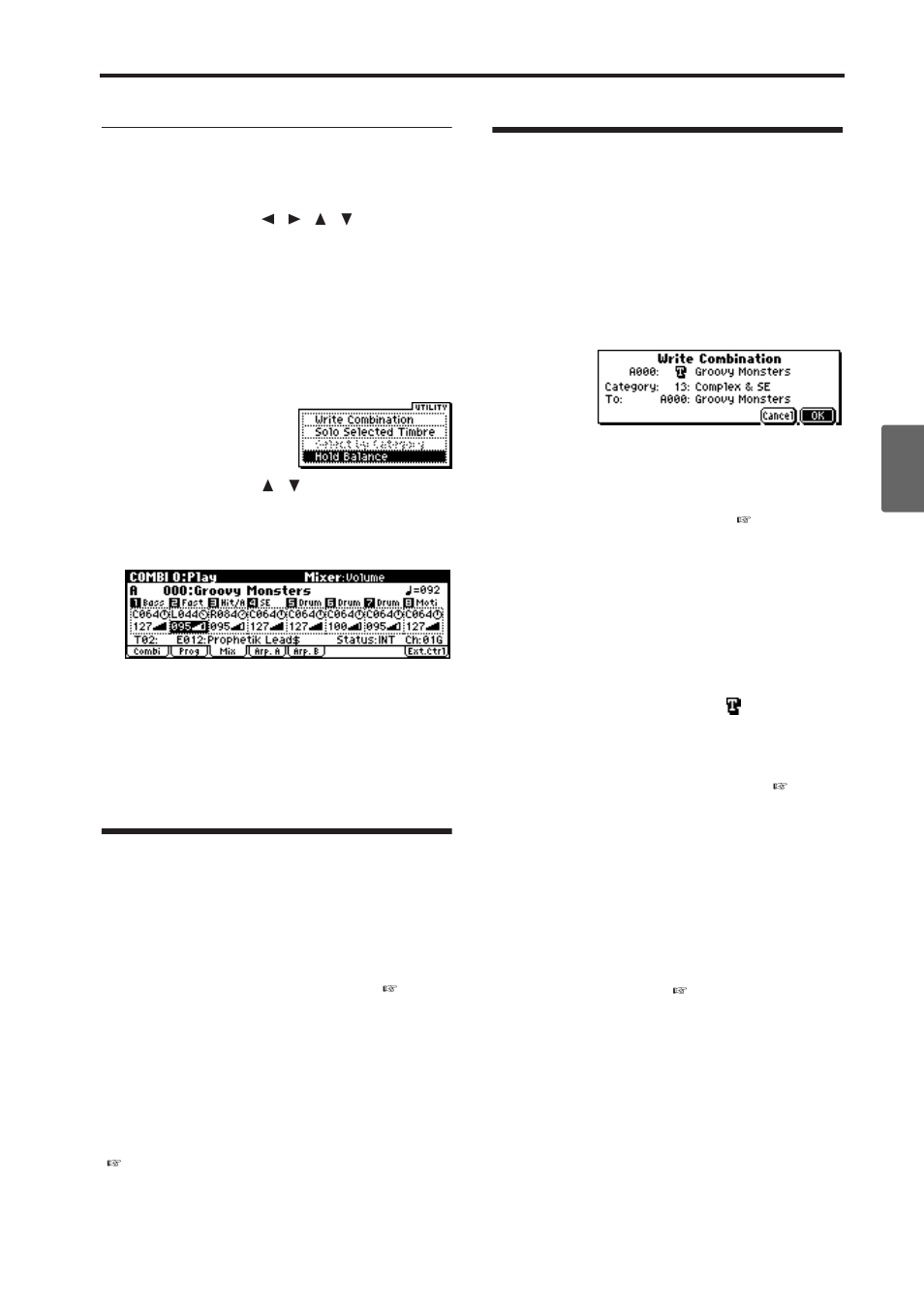 Realtime controls [1], [2], [3], [4], [select, Saving your edits, Combinations | P.61, Adjusting the volume | KORG microX User Manual | Page 67 / 134