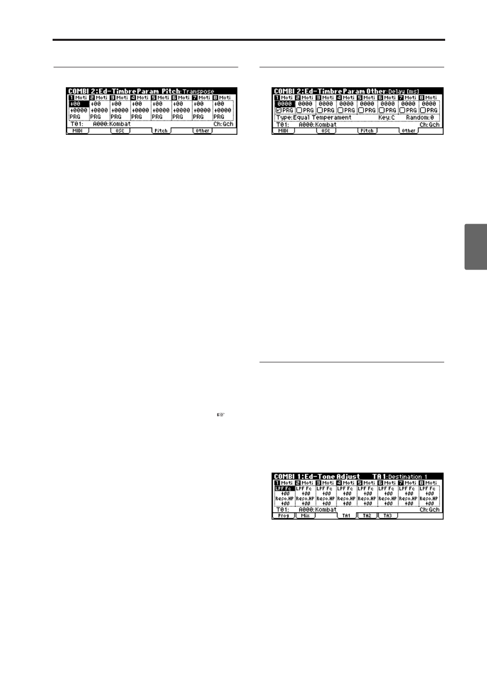 Adjusting the pitch, Delay and scale settings, Editing programs with tone adjust | Transpose, detune (bpm adjust), Adjusting the bpm of multisamples, Delay, Use program’s scale | KORG microX User Manual | Page 73 / 134