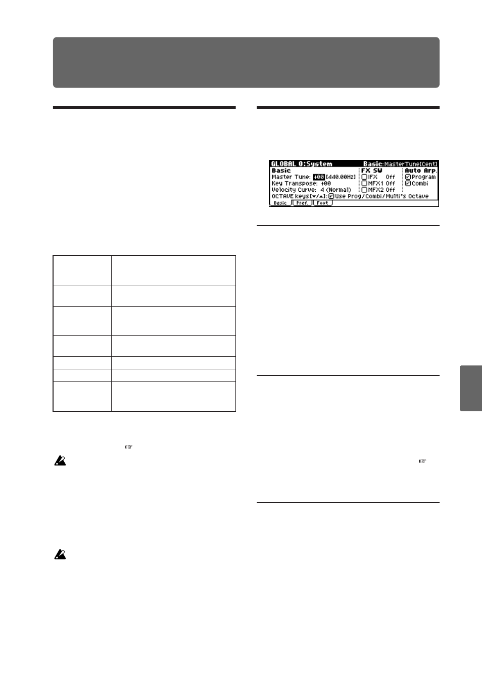 Global mode, How global mode is structured, System setup 0: system | How global mode is struc- tured, Basic page, Tuning to another instrument/trans- posing, Bypassing the effects | KORG microX User Manual | Page 93 / 134