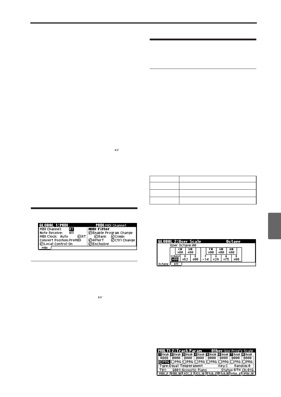 Midi-related settings 1: midi, Creating user scales 2: user scale, Midi setup, midi filter | Assignable pedal | KORG microX User Manual | Page 95 / 134
