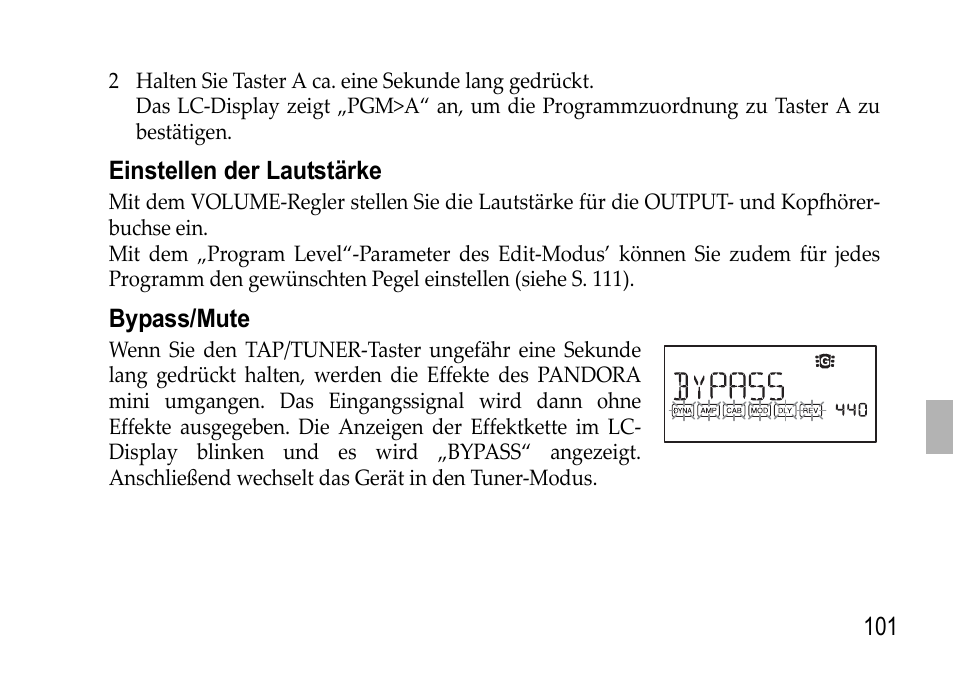 Einstellen der lautstärke, Bypass/mute, Einstellen der lautstärke bypass/mute | KORG EFGS 1 User Manual | Page 101 / 176