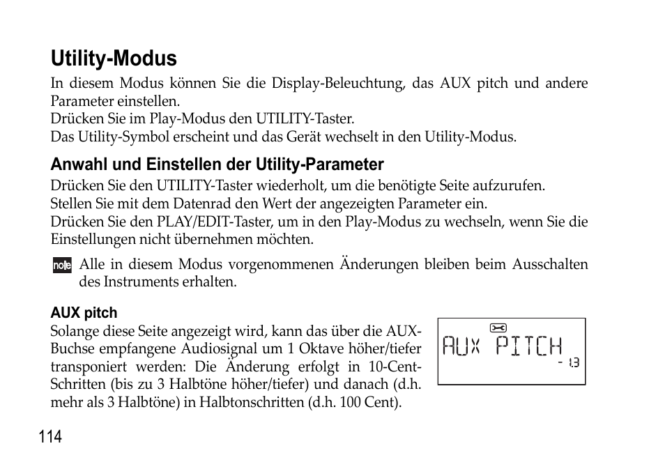 Utility-modus, Anwahl und einstellen der utility-parameter, Anwahl und einstellen | Der utility-parameter | KORG EFGS 1 User Manual | Page 114 / 176