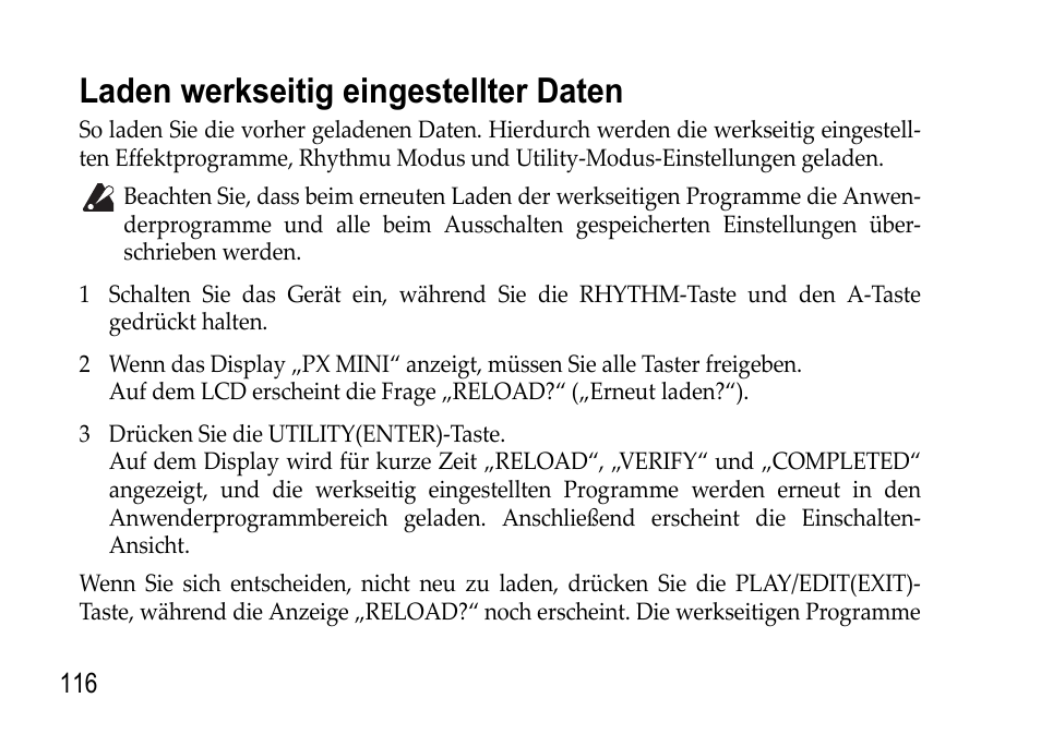 Laden werkseitig eingestellter daten, Laden werkseitig eingestellter daten . 116 | KORG EFGS 1 User Manual | Page 116 / 176