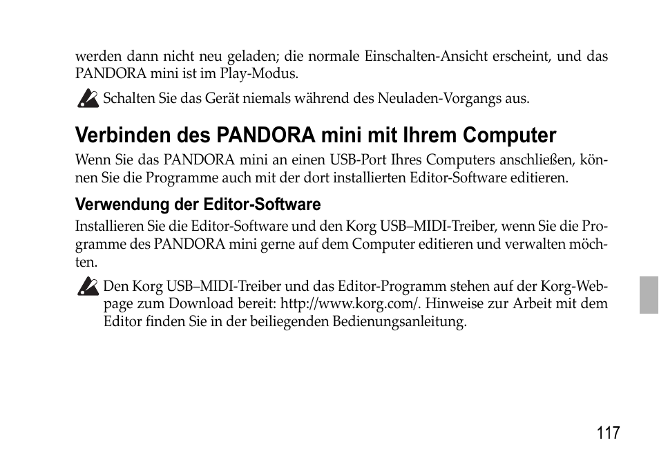 Verbinden des pandora mini mit ihrem computer, Verwendung der editor-software, Verbinden des pandora mini | Mit ihrem computer | KORG EFGS 1 User Manual | Page 117 / 176