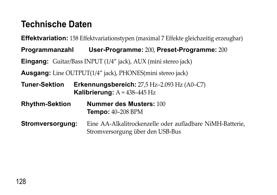 Technische daten | KORG EFGS 1 User Manual | Page 128 / 176