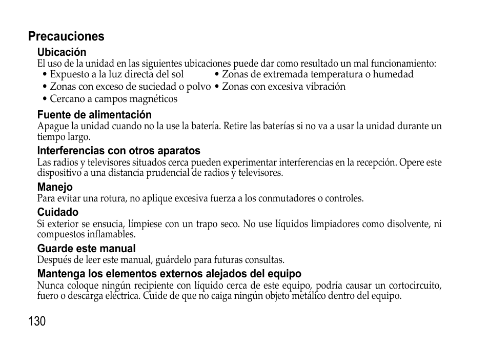 Precauciones | KORG EFGS 1 User Manual | Page 130 / 176