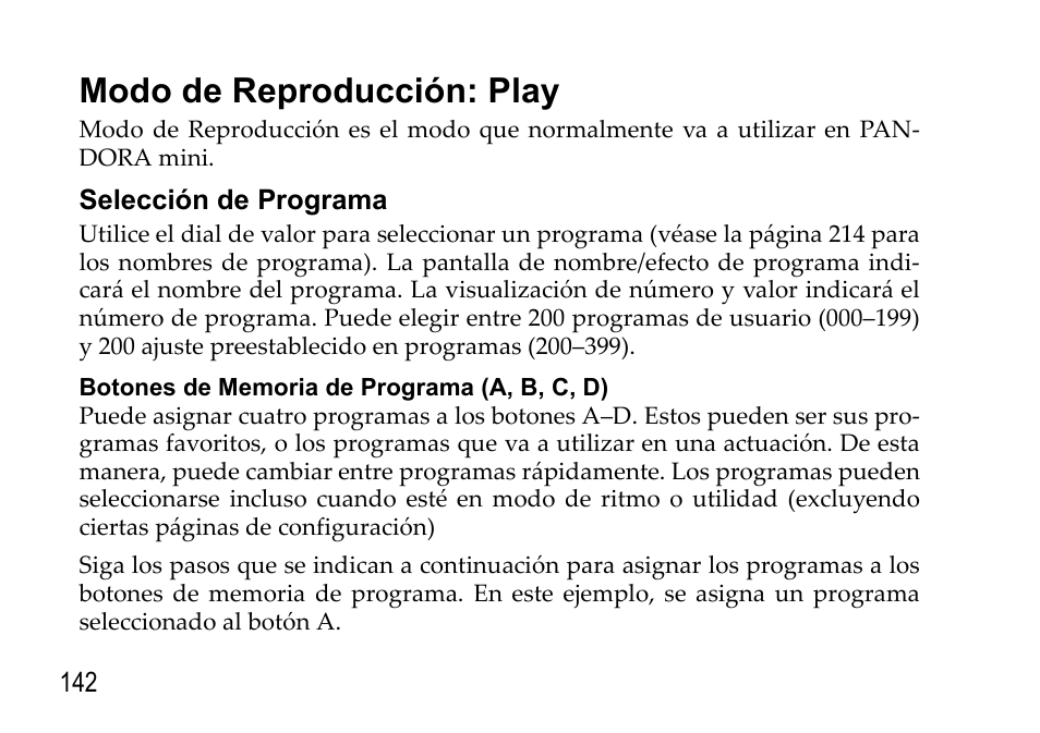 Modo de reproducción: play, Selección de programa, Vea p.142) | KORG EFGS 1 User Manual | Page 142 / 176