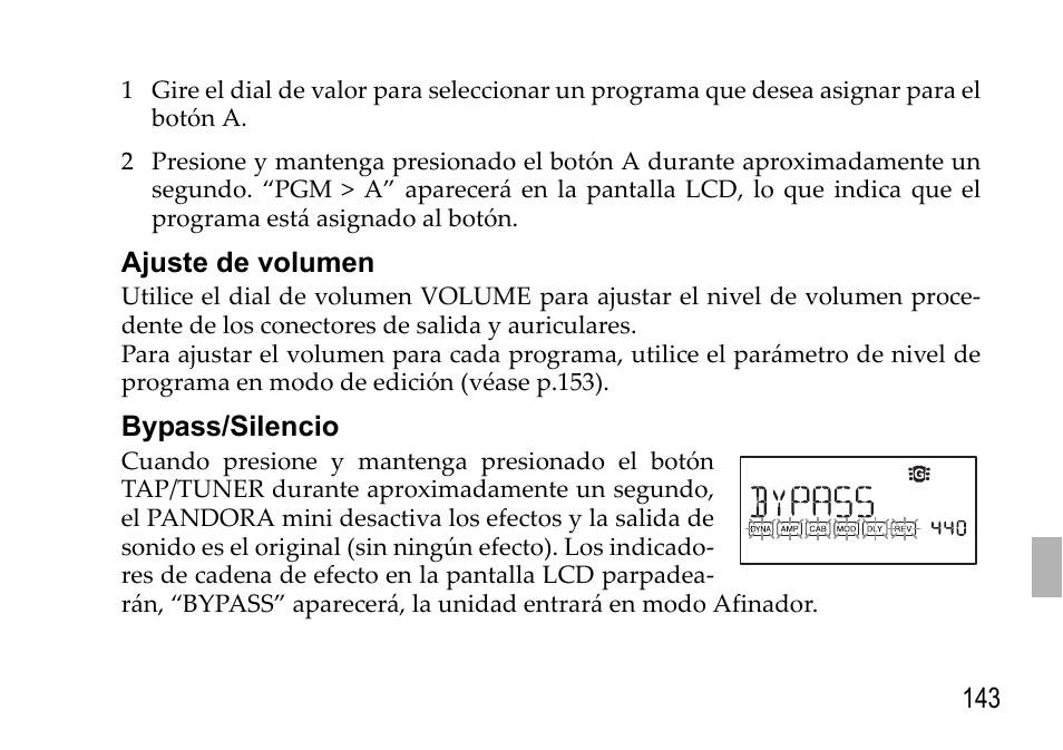 Ajuste de volumen, Bypass/silencio, Ajuste de volumen bypass/silencio | KORG EFGS 1 User Manual | Page 143 / 176