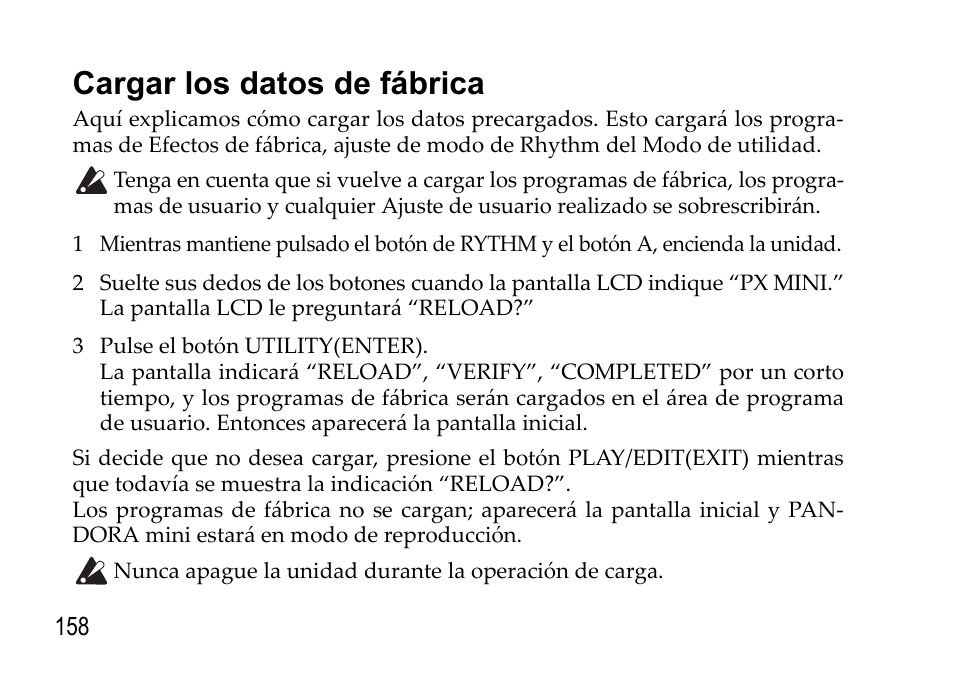 Cargar los datos de fábrica | KORG EFGS 1 User Manual | Page 158 / 176