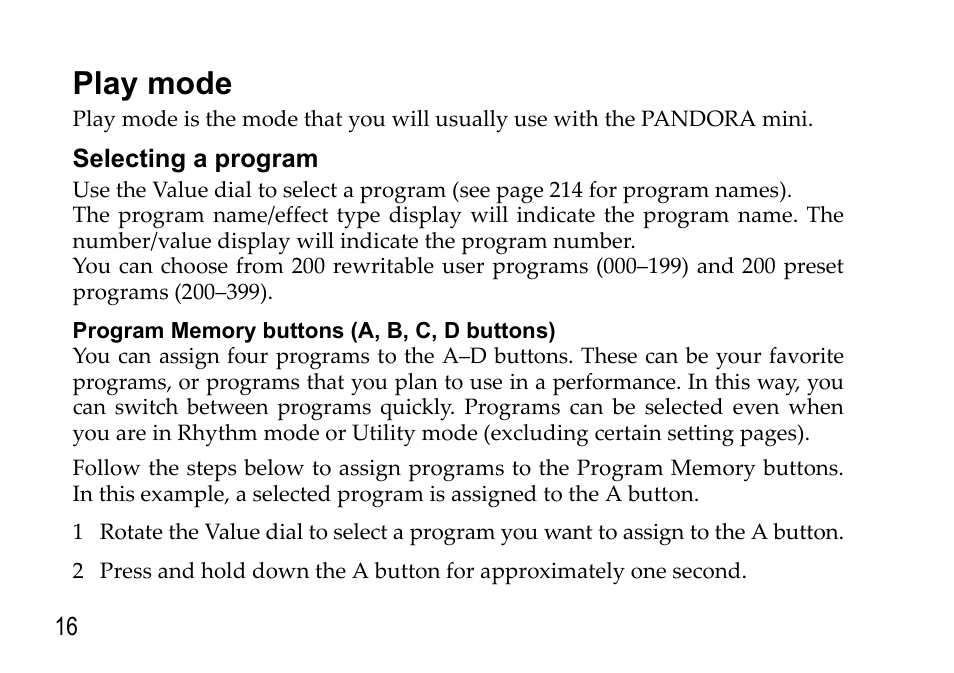 Play mode, Selecting a program, See p.16) | KORG EFGS 1 User Manual | Page 16 / 176