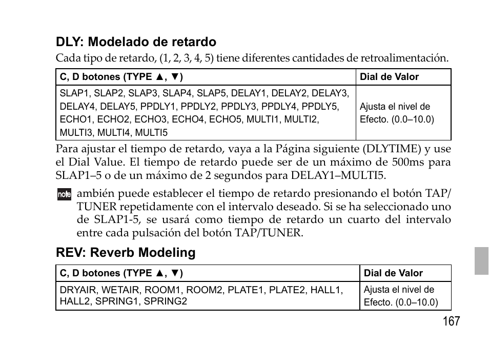 Dly: modelado de retardo, Rev: reverb modeling, Dly: modelado de retardo rev: reverb modeling | 167 dly: modelado de retardo | KORG EFGS 1 User Manual | Page 167 / 176