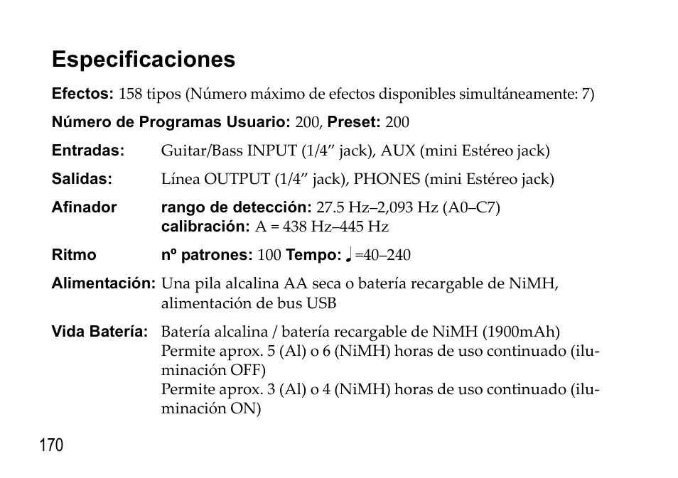 Especificaciones | KORG EFGS 1 User Manual | Page 170 / 176