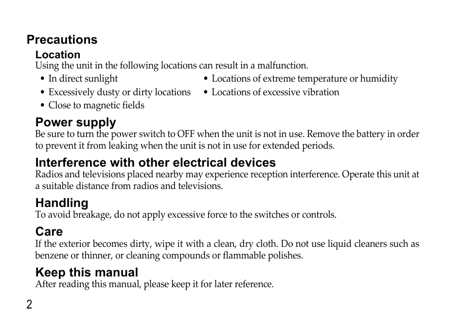 Precautions | KORG EFGS 1 User Manual | Page 2 / 176