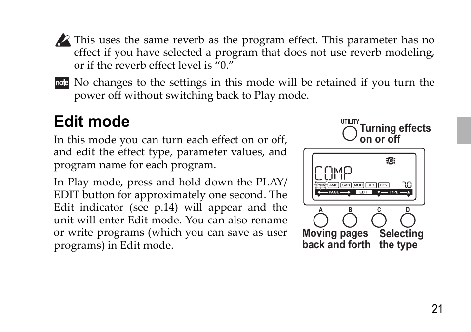 Edit mode, See p.21) | KORG EFGS 1 User Manual | Page 21 / 176