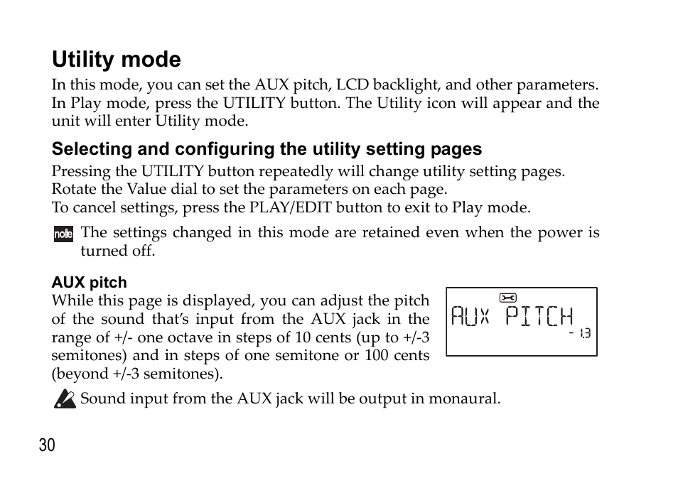 Utility mode, Selecting and configuring, See p.30) | KORG EFGS 1 User Manual | Page 30 / 176