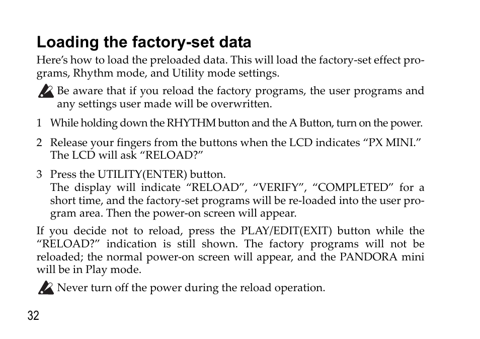 Loading the factory-set data | KORG EFGS 1 User Manual | Page 32 / 176