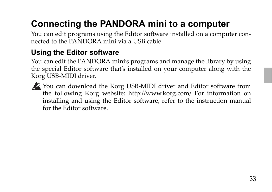 Connecting the pandora mini to a computer, Using the editor software, Connecting the pandora mini | To a computer | KORG EFGS 1 User Manual | Page 33 / 176