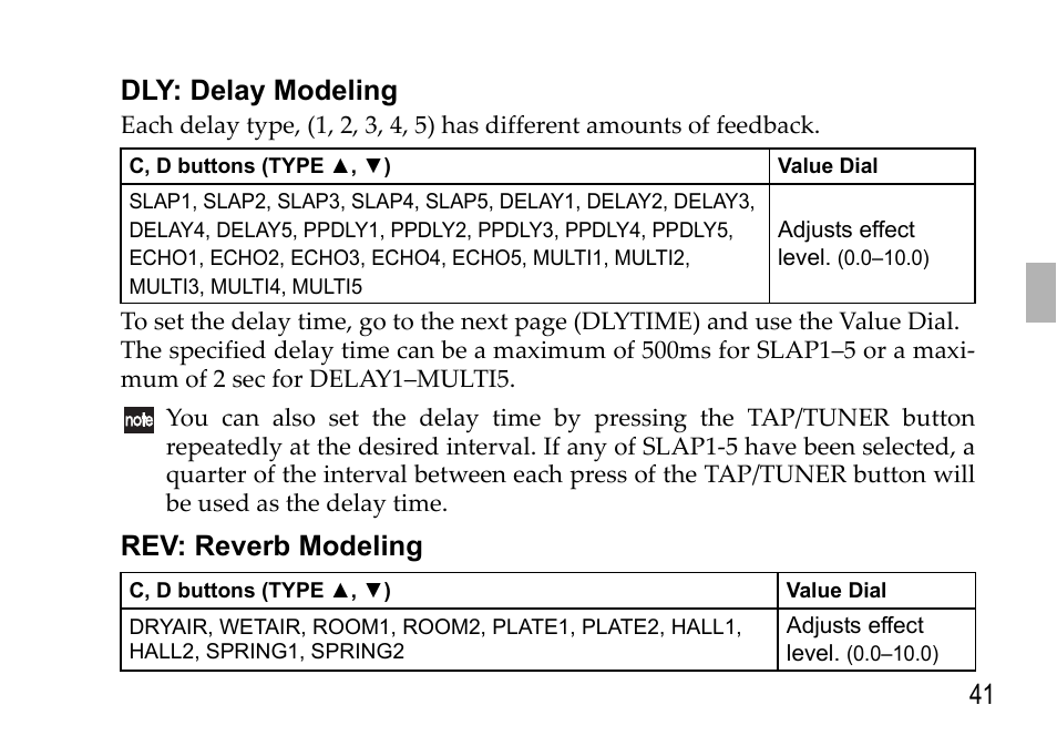 Dly: delay modeling, Rev: reverb modeling, Dly: delay modeling rev: reverb modeling | 41 dly: delay modeling | KORG EFGS 1 User Manual | Page 41 / 176