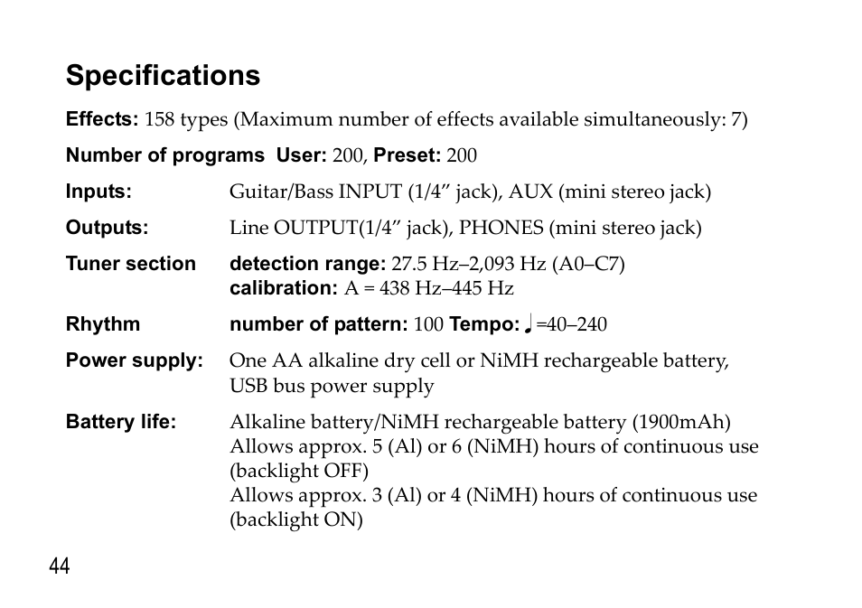 Specifications | KORG EFGS 1 User Manual | Page 44 / 176