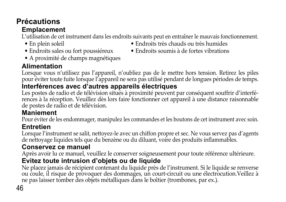 Précautions | KORG EFGS 1 User Manual | Page 46 / 176