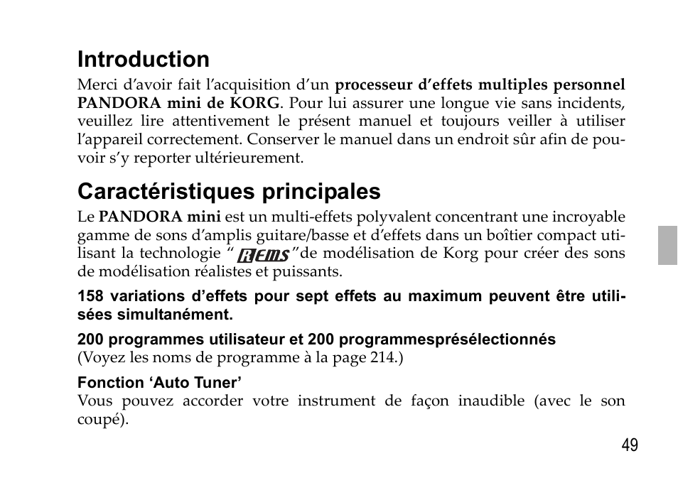 Français, Introduction, Caractéristiques principales | Introduction caractéristiques principales | KORG EFGS 1 User Manual | Page 49 / 176