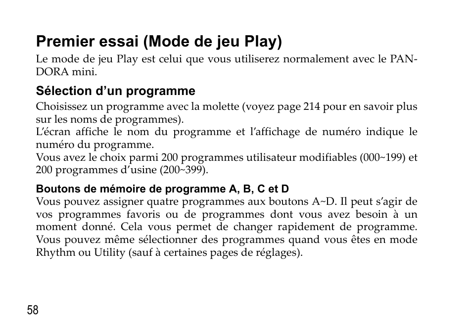 Premier essai (mode de jeu play), Sélection d’un programme, Voyez p.58 | KORG EFGS 1 User Manual | Page 58 / 176