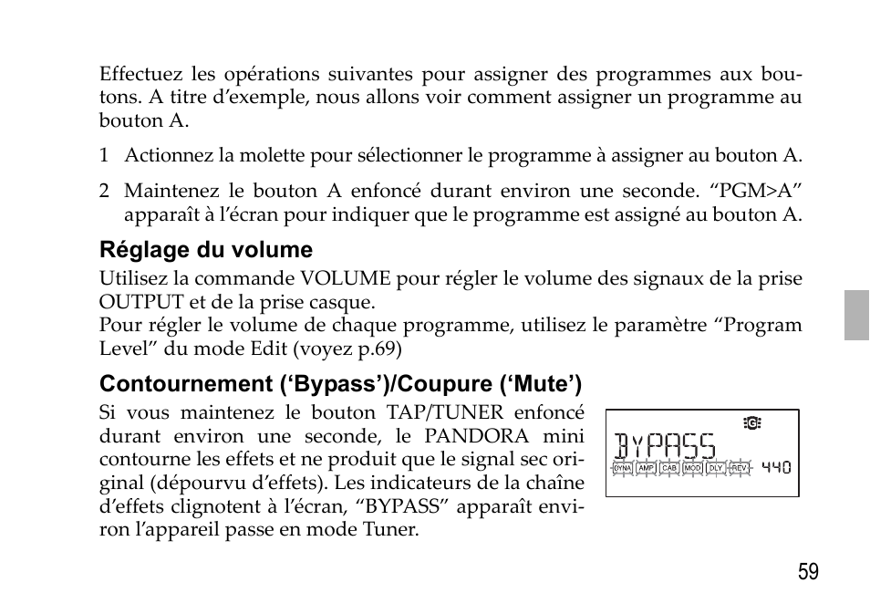 Réglage du volume, Contournement (‘bypass’)/coupure (‘mute’), Réglage du volume contournement (‘bypass’) | Coupure (‘mute’) | KORG EFGS 1 User Manual | Page 59 / 176