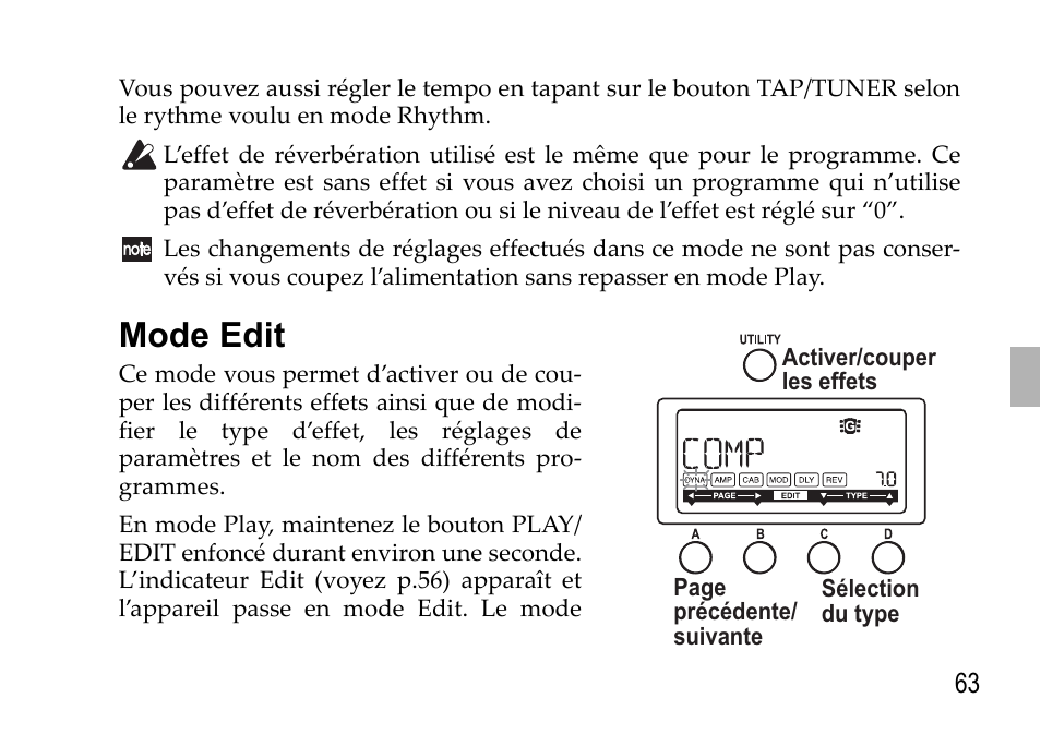 Mode edit, Voyez p.63 | KORG EFGS 1 User Manual | Page 63 / 176