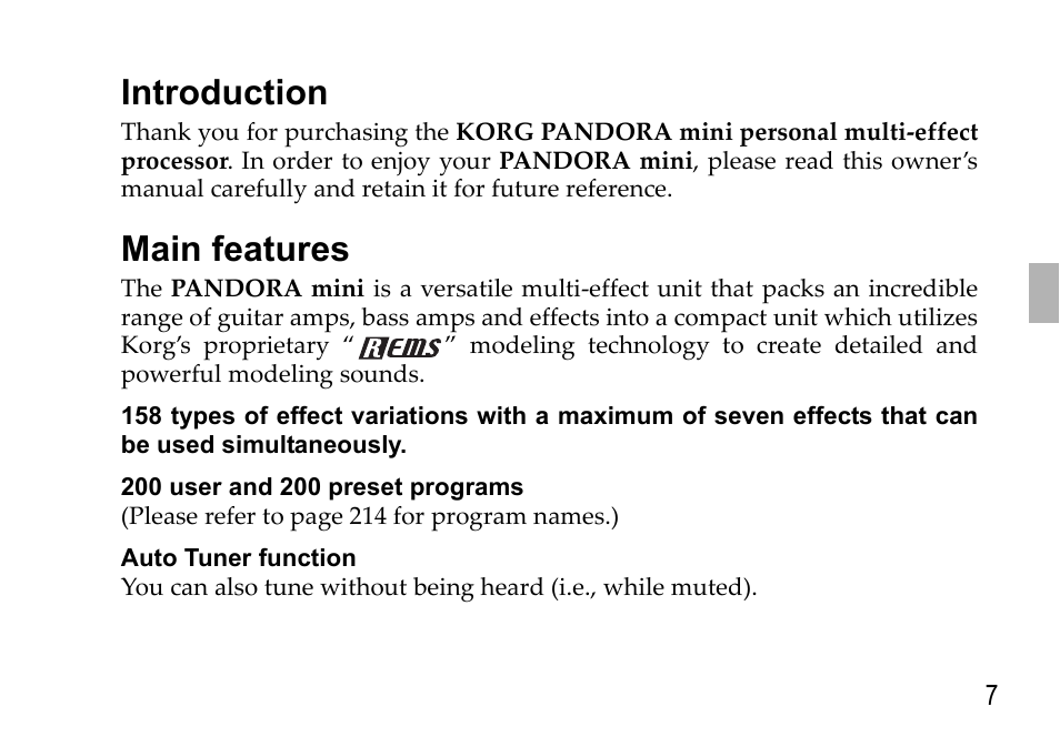 English, Introduction, Main features | Introduction main features | KORG EFGS 1 User Manual | Page 7 / 176