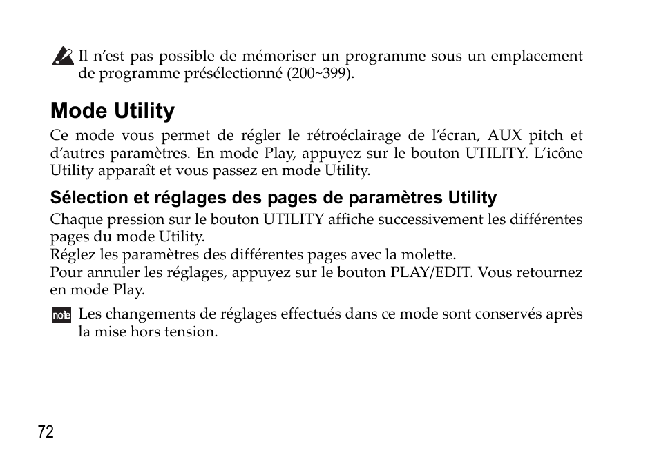 Mode utility, Sélection et réglages, Voyez p.72) | KORG EFGS 1 User Manual | Page 72 / 176