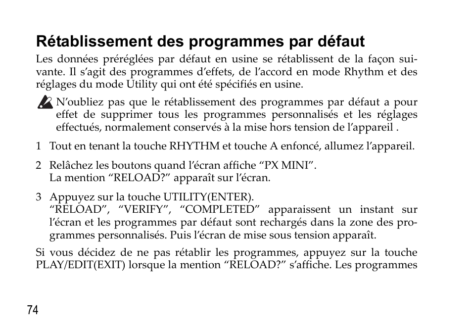 Rétablissement des programmes par défaut, Rétablissement, Des programmes par défaut | KORG EFGS 1 User Manual | Page 74 / 176