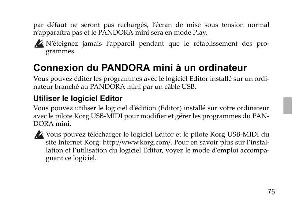 Connexion du pandora mini à un ordinateur, Utiliser le logiciel editor, Connexion du pandora mini | À un ordinateur | KORG EFGS 1 User Manual | Page 75 / 176