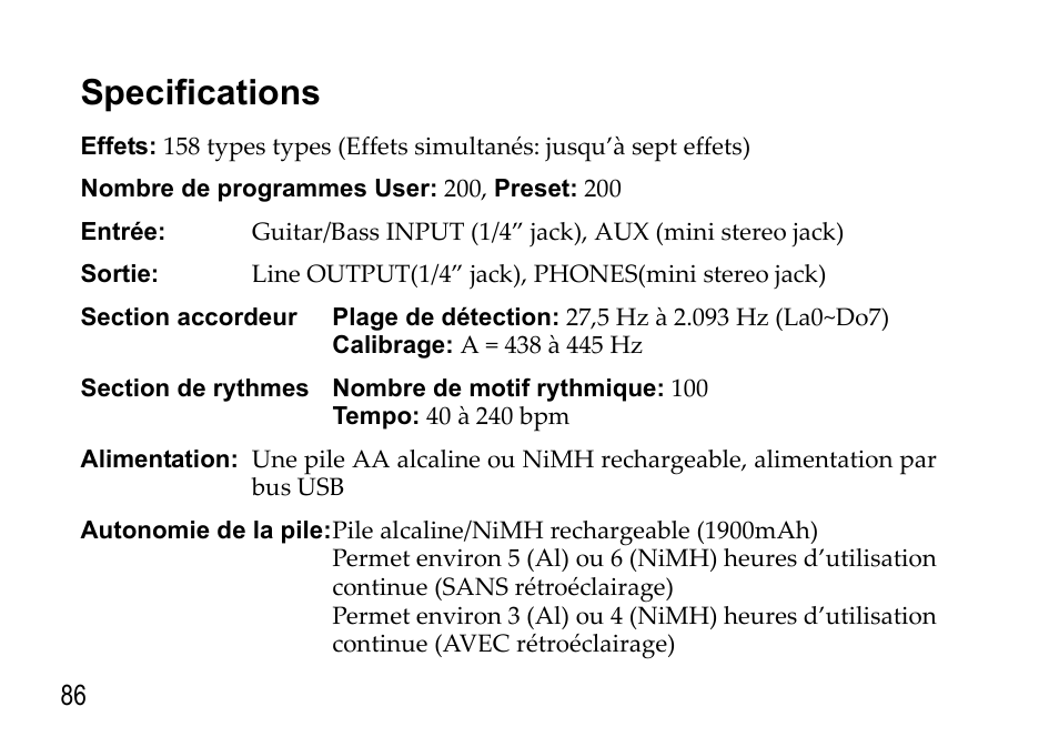 Specifications | KORG EFGS 1 User Manual | Page 86 / 176