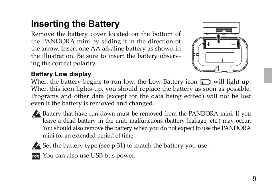 Inserting the battery | KORG EFGS 1 User Manual | Page 9 / 176