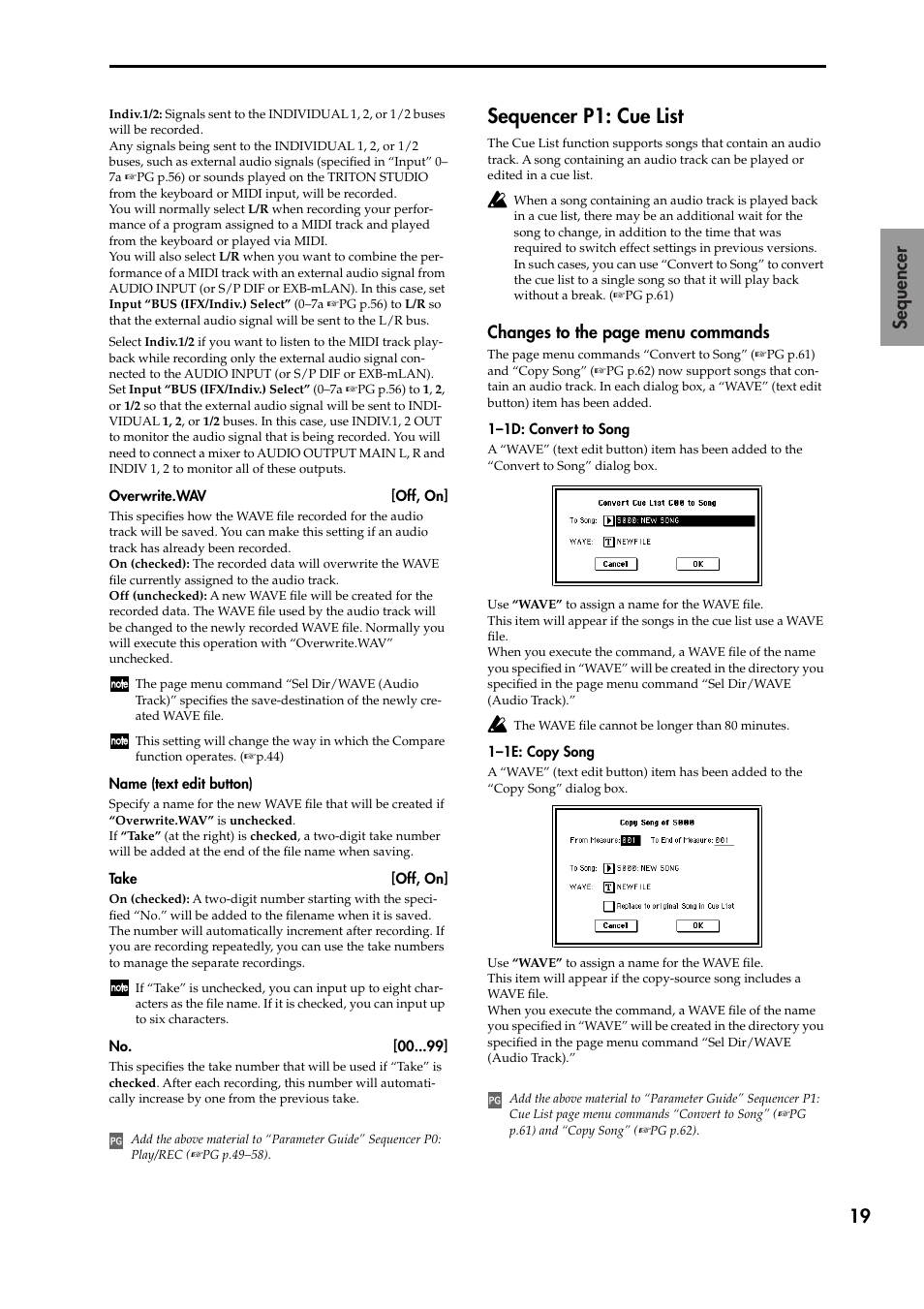 Sequencer p1: cue list, 19 sequencer, Changes to the page menu commands | KORG TRITON STUDIO V2 User Manual | Page 24 / 77