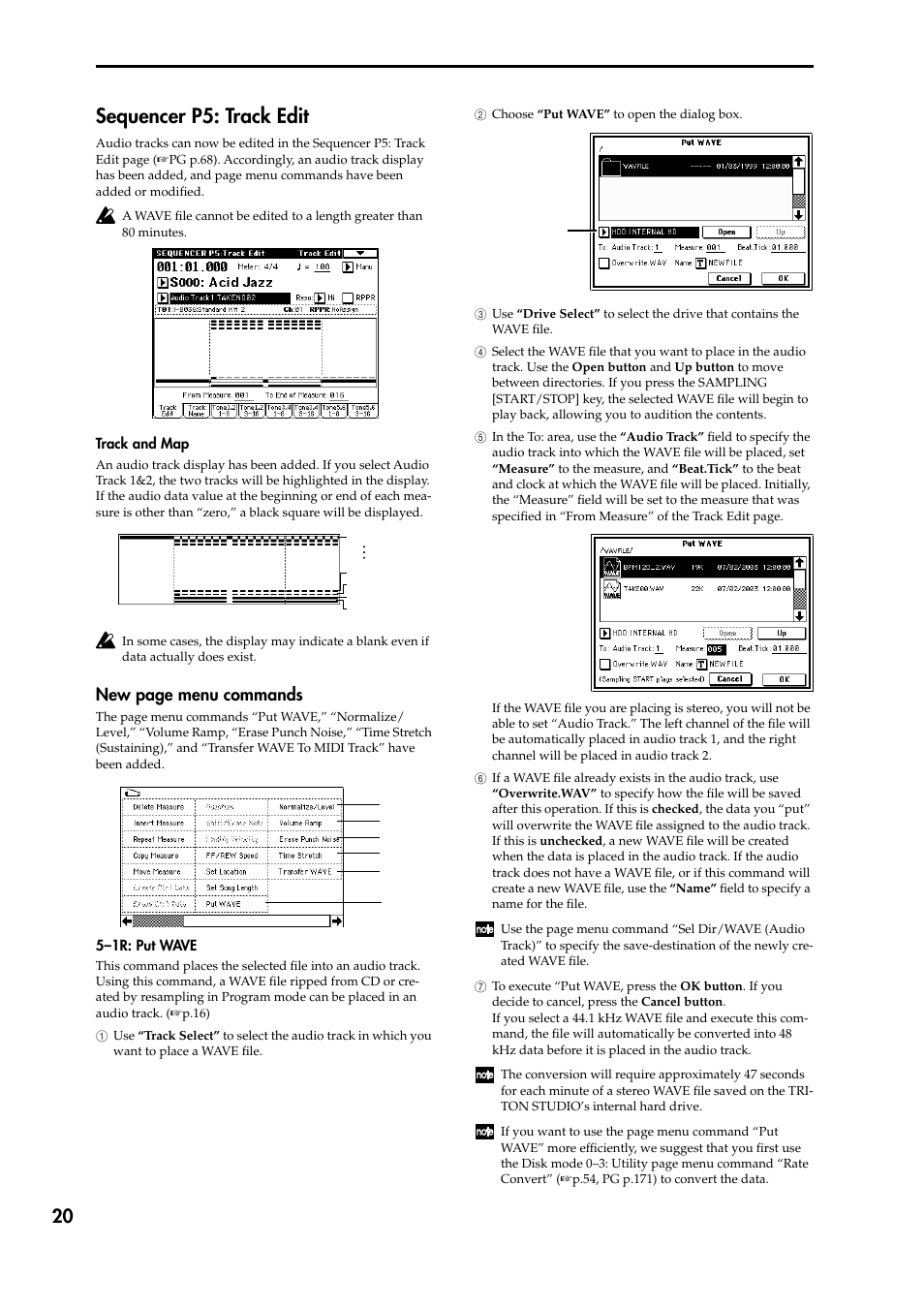Sequencer p5: track edit, P.20 “sequencer p5: track edit”), P.20 “put w | New page menu commands | KORG TRITON STUDIO V2 User Manual | Page 25 / 77