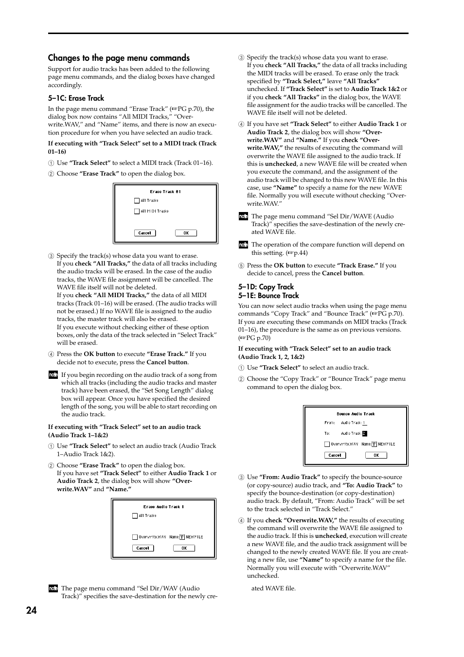 P.24, pg p.70) to bounce the audio tracks, Changes to the page menu commands | KORG TRITON STUDIO V2 User Manual | Page 29 / 77