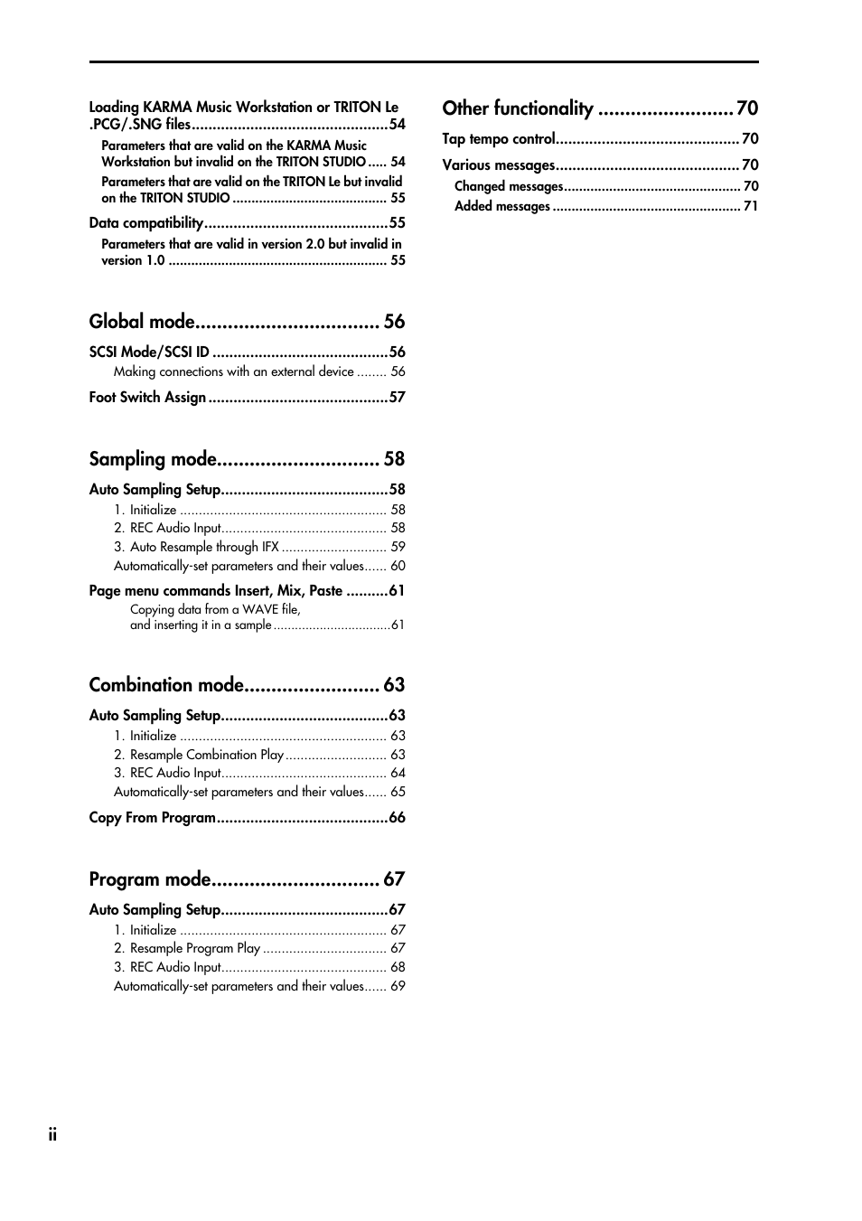 Global mode, Sampling mode, Combination mode | Program mode, Other functionality | KORG TRITON STUDIO V2 User Manual | Page 3 / 77