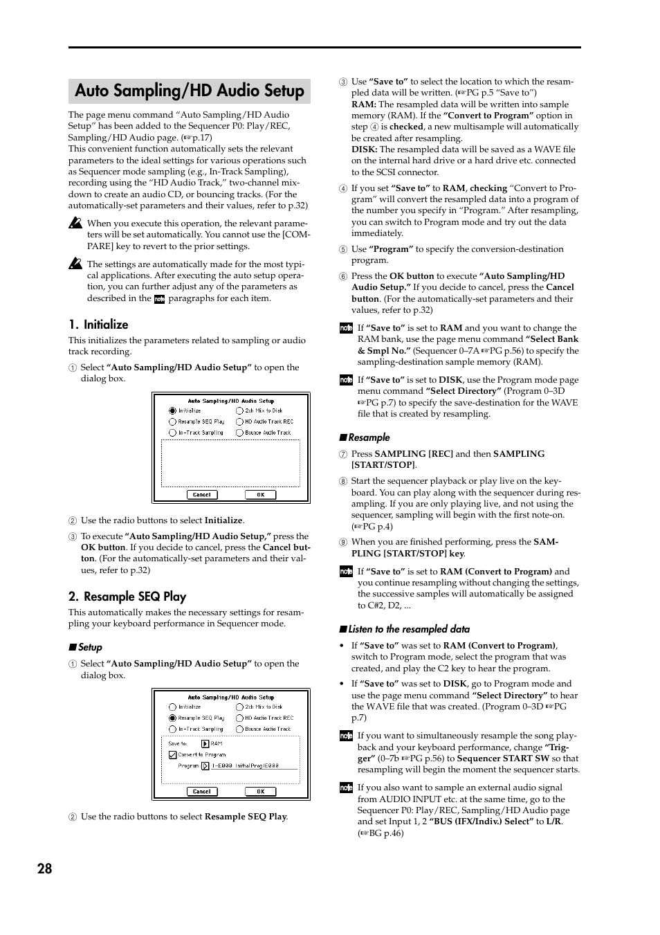 Auto sampling/hd audio setup, Initialize, Resample seq play | Initialize 2. resample seq play, Command, P.28), Efer to “auto sampling/hd audio setup | KORG TRITON STUDIO V2 User Manual | Page 33 / 77
