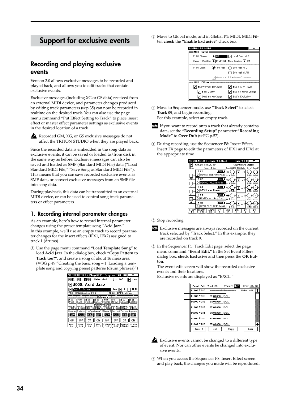 Support for exclusive events, Recording and playing exclusive events, Recording internal parameter changes | P.34) | KORG TRITON STUDIO V2 User Manual | Page 39 / 77