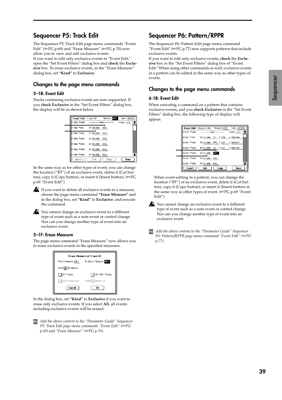 Sequencer p5: track edit, Sequencer p6: pattern/rppr, 39 sequencer | Changes to the page menu commands | KORG TRITON STUDIO V2 User Manual | Page 44 / 77