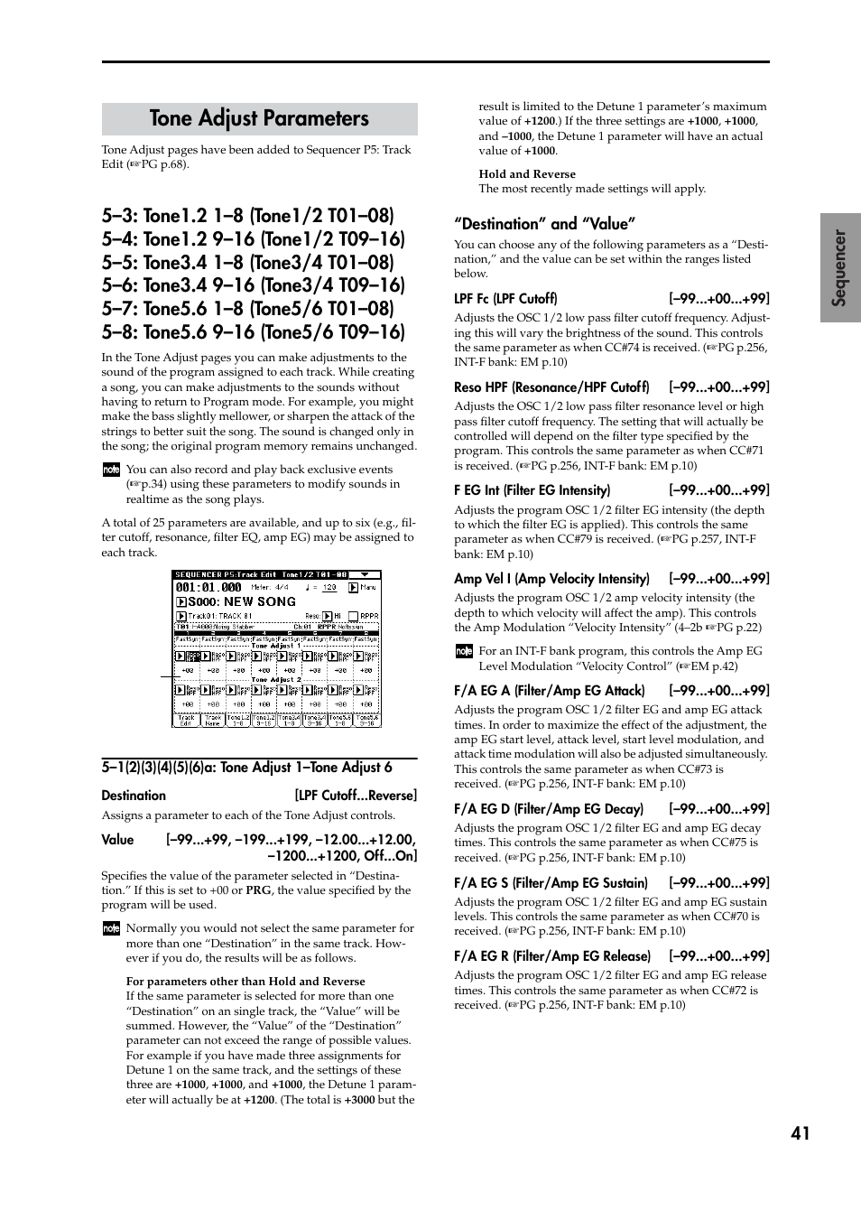 Tone adjust parameters, Destination” and “value, One adjust” parameters | P.41), 41 sequencer | KORG TRITON STUDIO V2 User Manual | Page 46 / 77