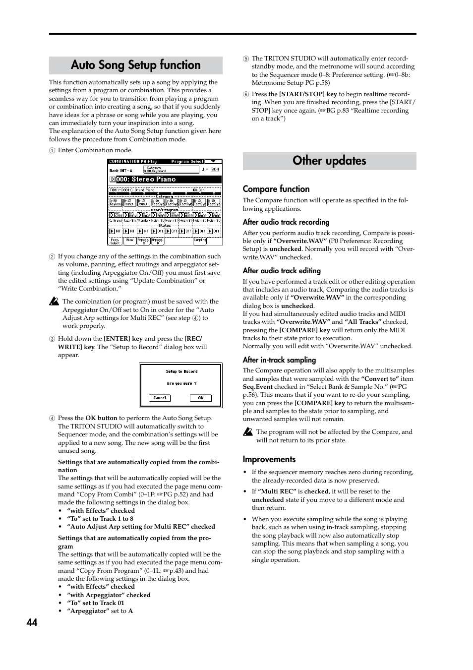 Auto song setup function, Other updates, Compare function | Improvements, Compare function improvements, P.44), Auto song setup function other updates | KORG TRITON STUDIO V2 User Manual | Page 49 / 77