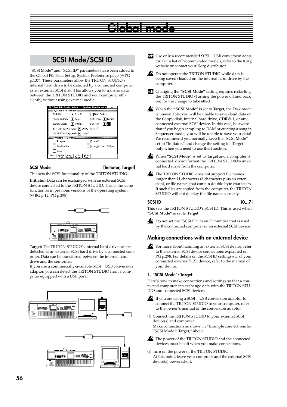 Global mode, Scsi mode/scsi id, Making connections with an external device | P.56) | KORG TRITON STUDIO V2 User Manual | Page 61 / 77