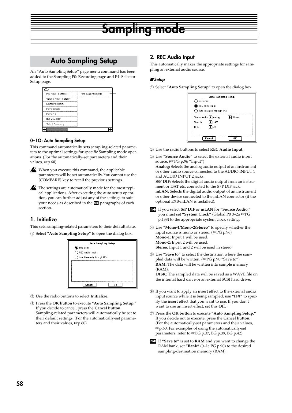 Sampling mode, Auto sampling setup, Initialize | Rec audio input, Initialize 2. rec audio input, P.58, 63, 67) | KORG TRITON STUDIO V2 User Manual | Page 63 / 77